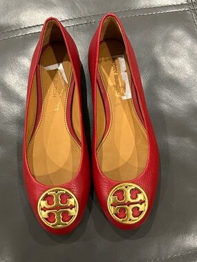 Tory Burch Red Leather Logo Ballet Flats